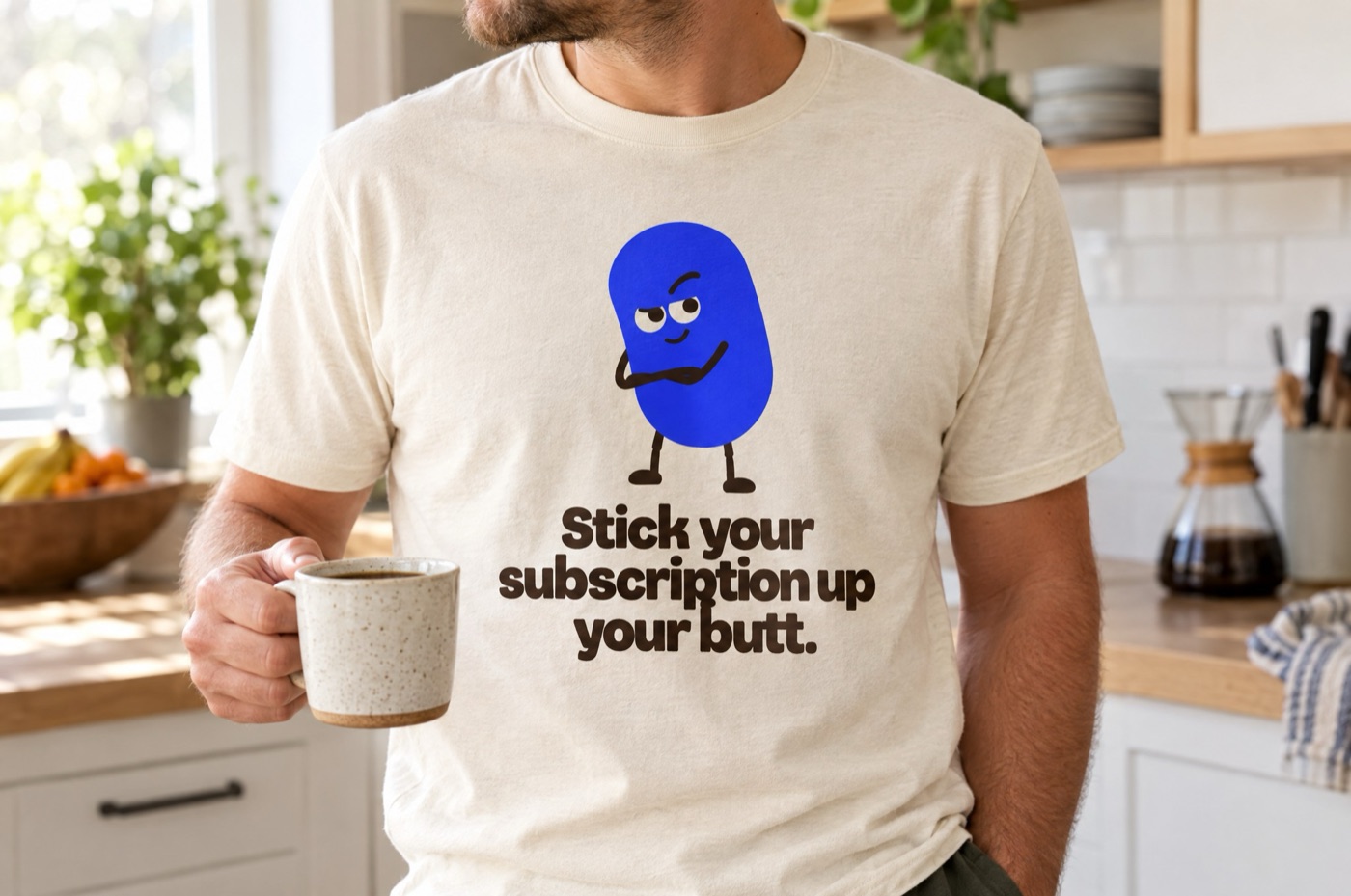 A cream tee with Paddix and the words Stick your subscription up your butt