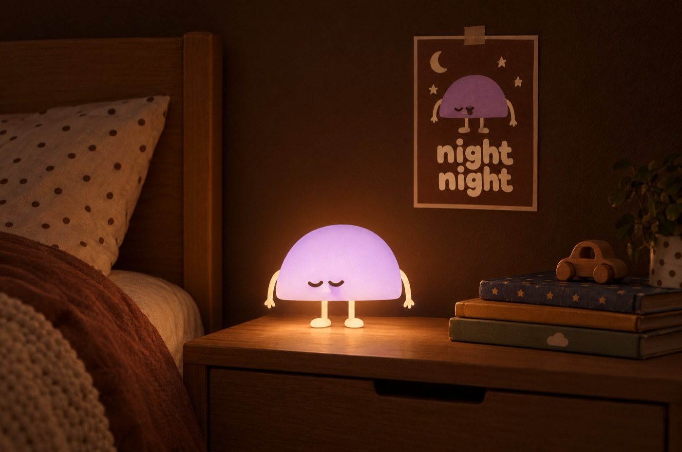 A glowing lilac Snooze Club night light on a bedside table