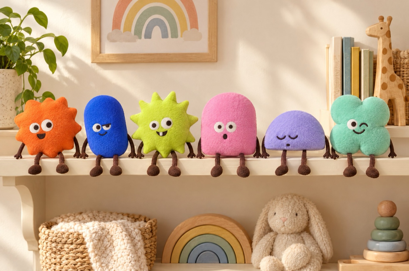 All six characters as felt plushies sitting on a shelf with dangly legs