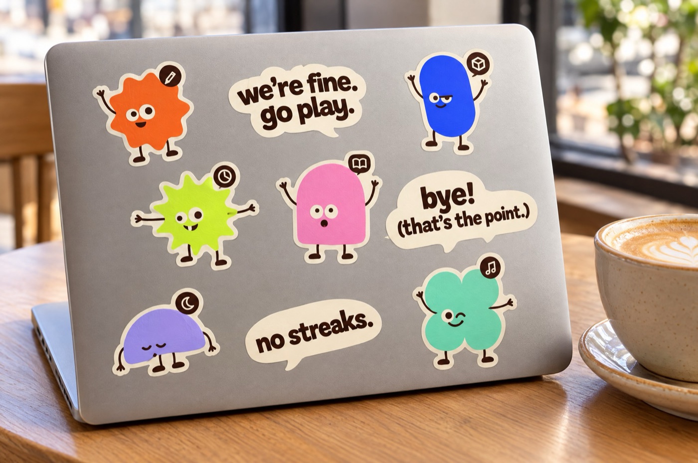 A laptop covered in die-cut stickers of the gang and speech bubbles