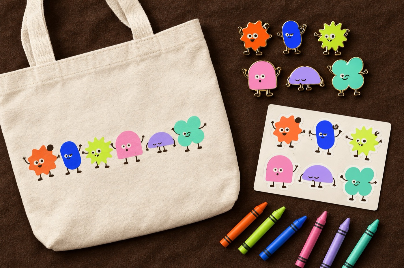 A canvas tote with the gang printed on it, enamel pins and a sticker sheet